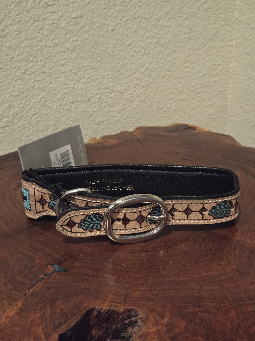 Genuine Leather Embroidered Tan & Turquoise Dog Collar.